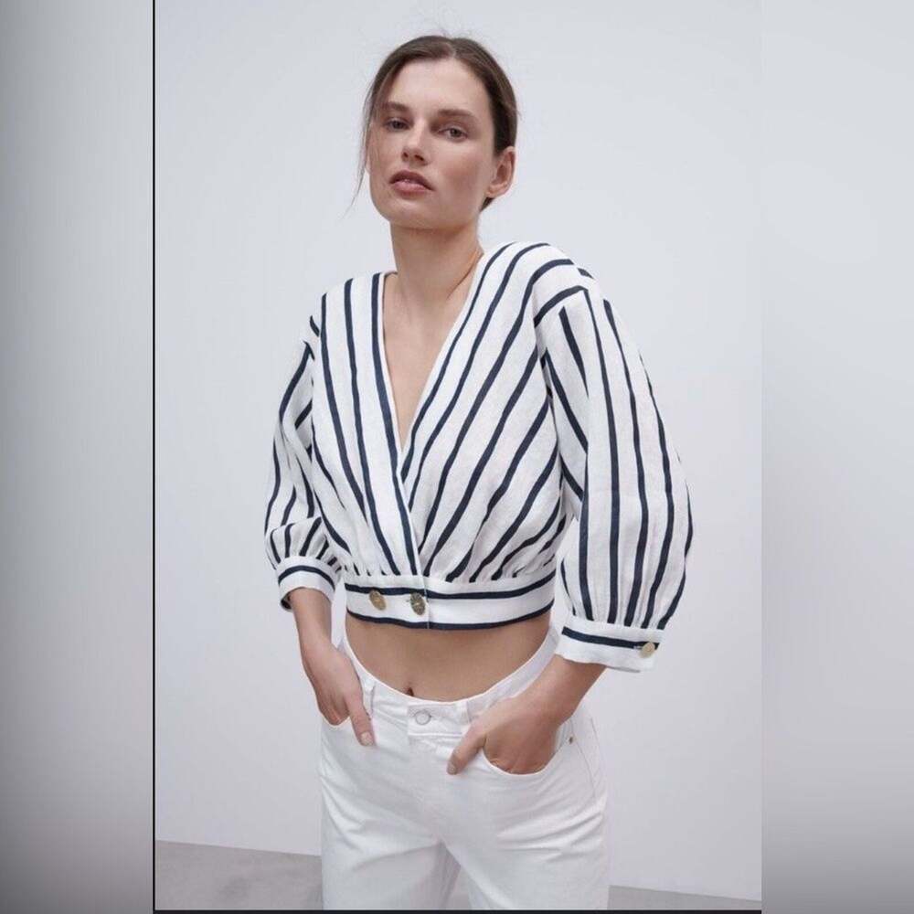 Zara Women's White Striped V-Neck Long Balloon Sleeve Blouse Cropped Top Sz XS